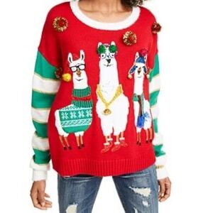 Red Christmas Crew Neck Sweater with Whimsical Llamas